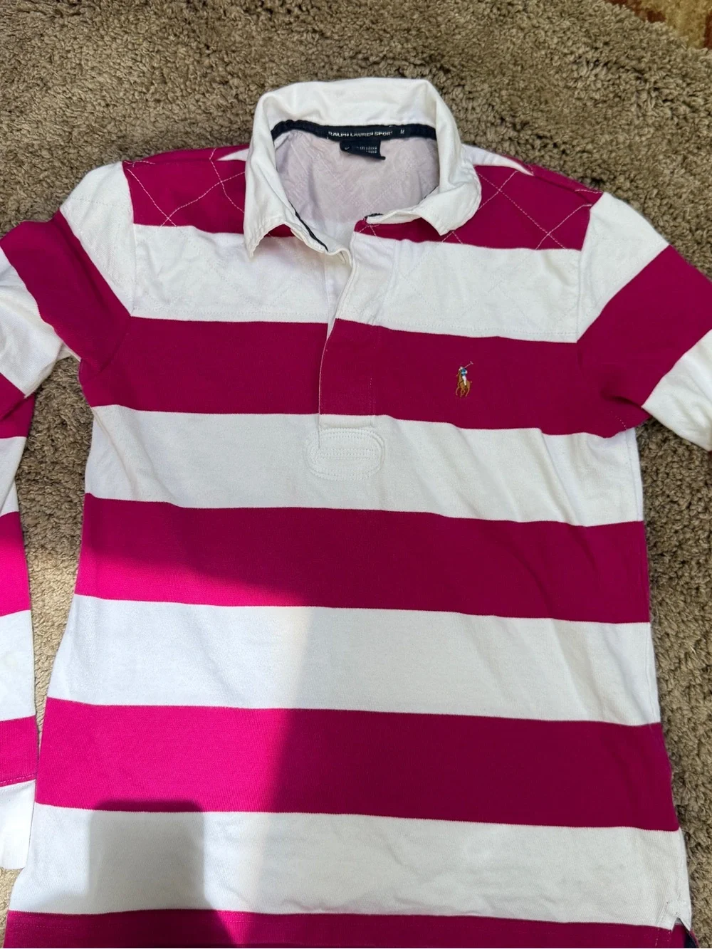 Ralph Lauren Sport Striped Rugby Shirt in White & Berry